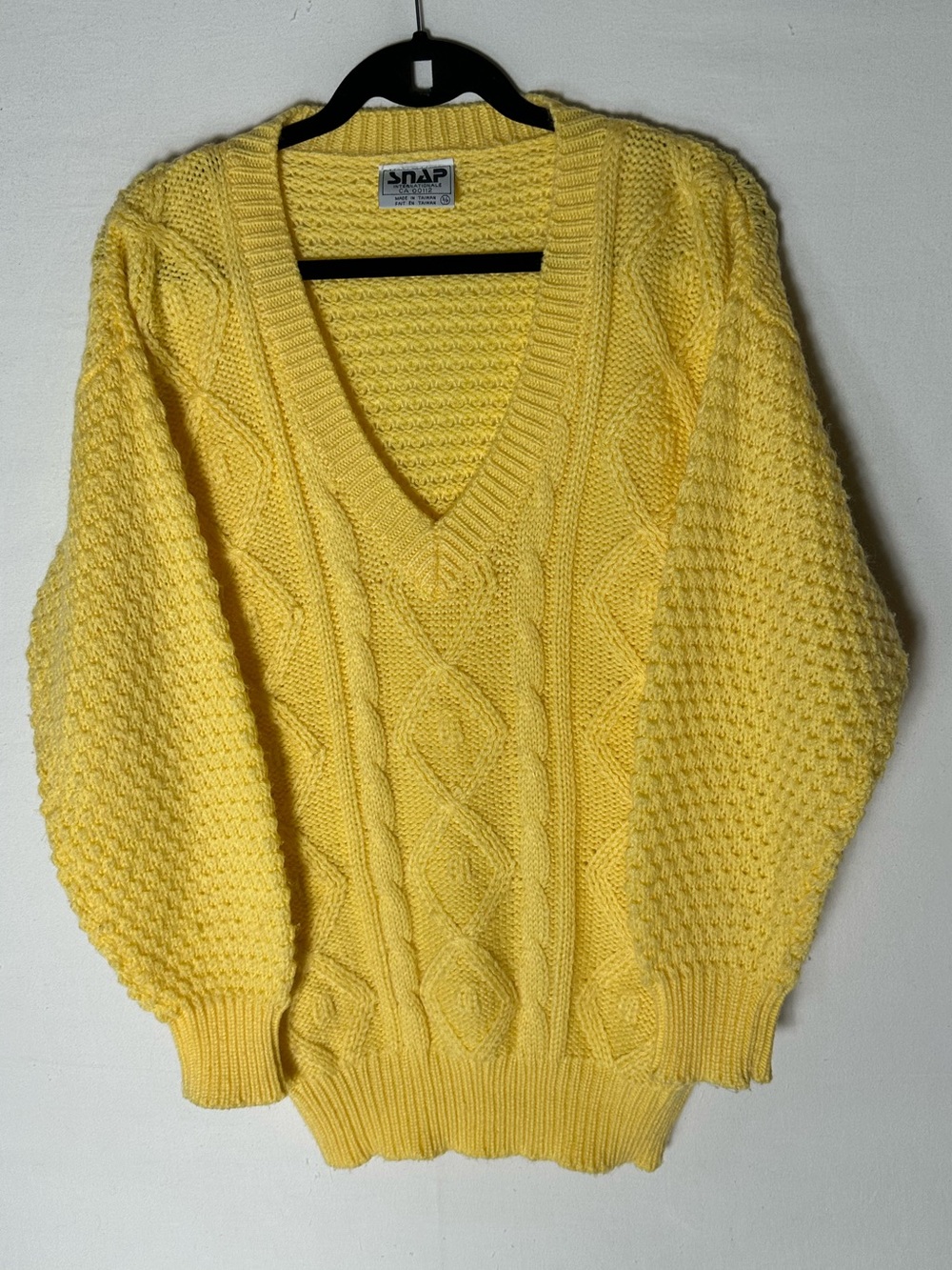 Vintage Snap Yellow Oversized Popcorn Cable Knit V Neck Sweater S Cottagecore